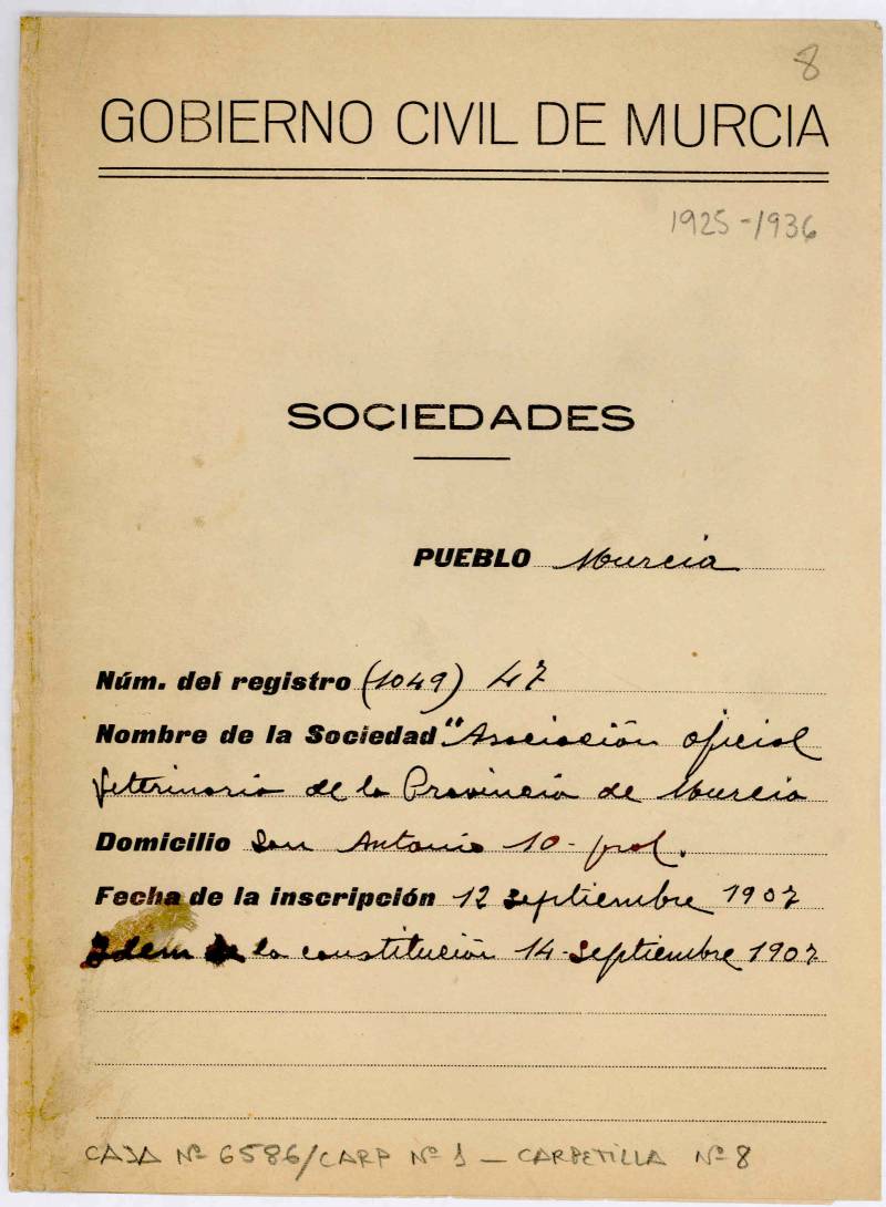 Expediente del Gobierno Civil de Murcia de la Asociación Oficial Veterinaria de Murcia. Años 1925-1936.